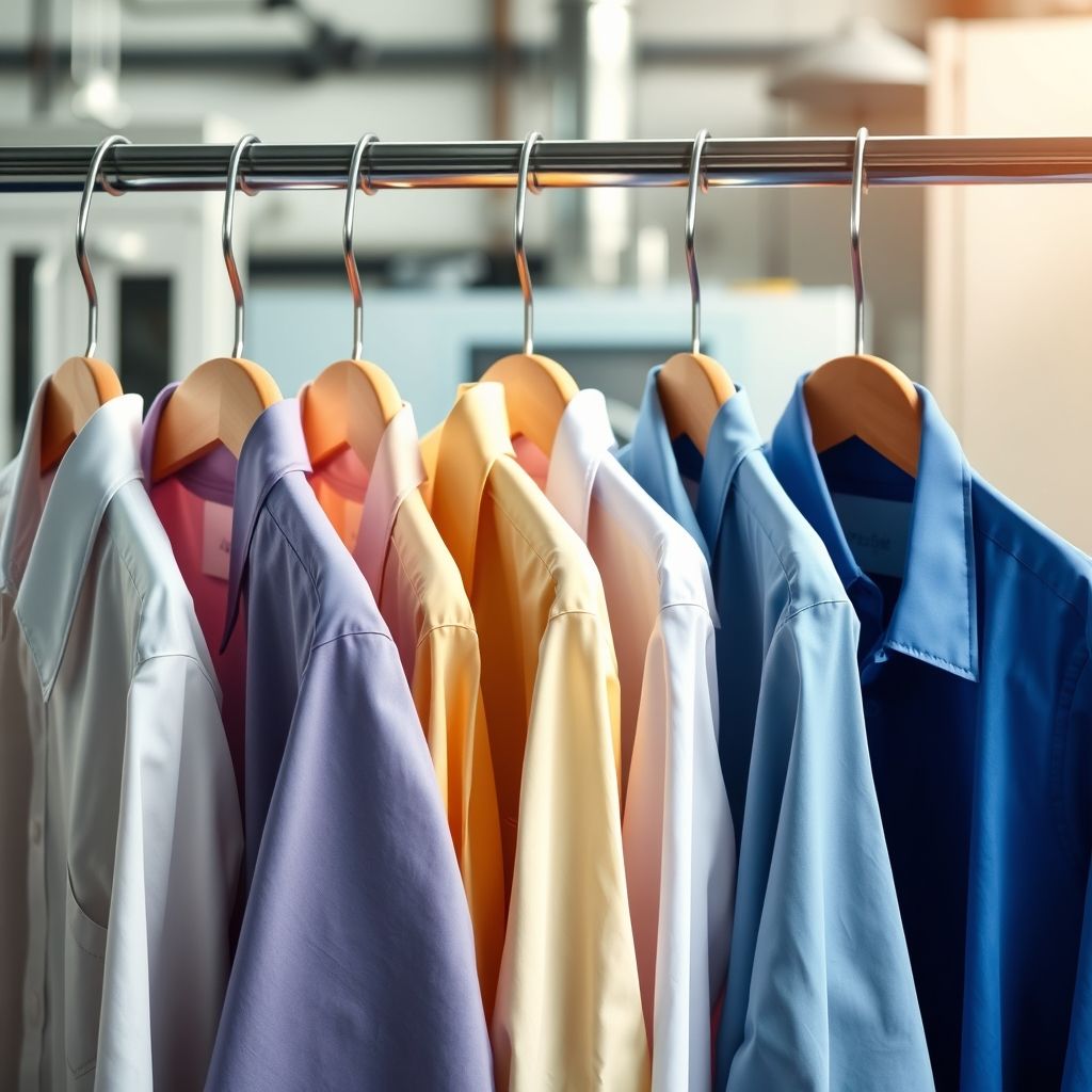 Une rangée colorée de chemises impeccablement repassées suspendues sur un porte-manteau métallique, affichant une palette allant des pastels doux aux tons profonds comme le bleu et le beige. Chaque chemise présente un col net, dont une se distingue par un col à motif unique. En arrière-plan, un cadre industriel légèrement flou suggère une blanchisserie, avec une lumière douce accentuant la fraîcheur des vêtements. Cette disposition ordonnée évoque professionnalisme et préparation soignée.