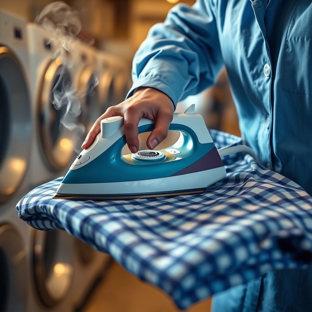 Une main tenant la poignée d'un fer à vapeur traditionnel, pressant une chemise à carreaux bleus parfaitement étalée. Le tissu brillant sous la vapeur, dans un cadre de blanchisserie dynamique avec éclairage doux, traduit un soin méticuleux. L’uniforme bleu clair du professionnel souligne son expertise et son attention aux détails. La scène dégage calme et précision, illustrant l’art du repassage impeccable.