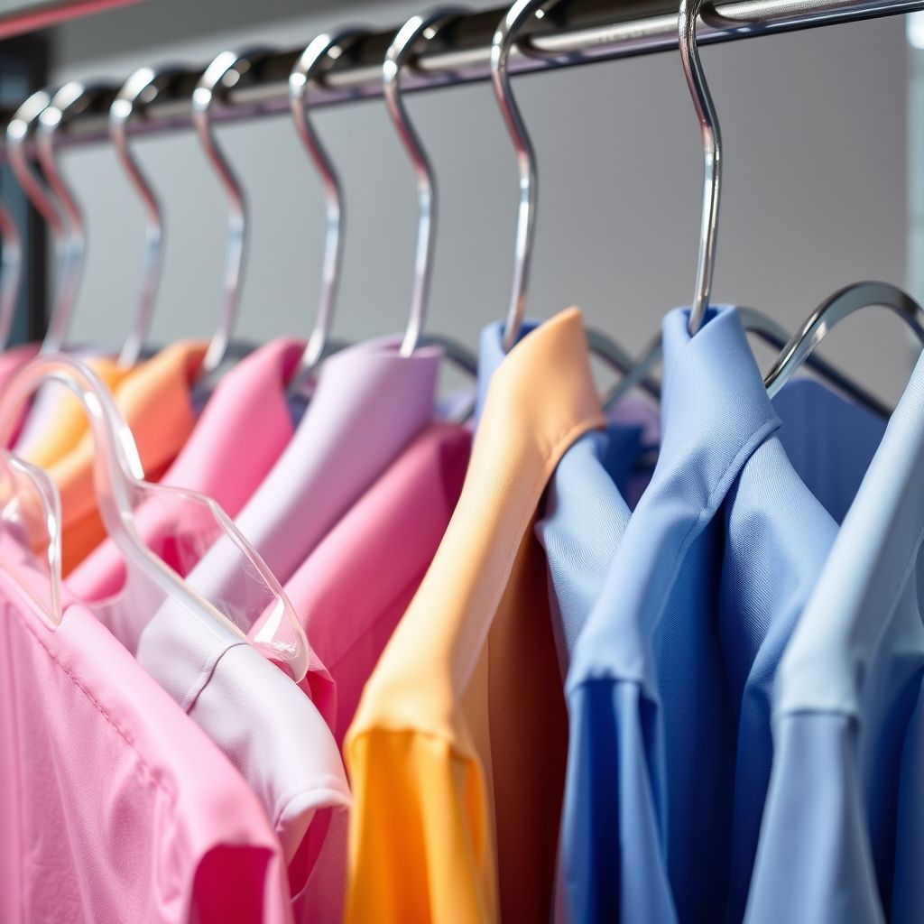 Une rangée organisée de chemises colorées impeccablement repassées, suspendues à des cintres métalliques avec housses transparentes, dégageant ordre et propreté dans un environnement professionnel. L’éclairage doux met en valeur les textures et les détails, illustrant la préparation soignée avant livraison ou récupération.