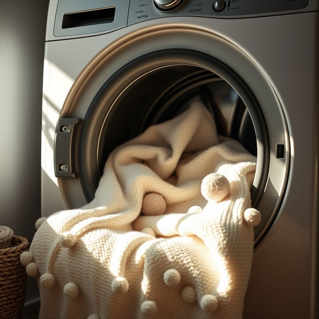 Une couverture claire et texturée, ornée de pompons ludiques, est retirée avec délicatesse d'une machine à laver moderne à porte ouverte, révélant un tissu propre et doux. L'espace autour est contemporain, aux couleurs tamisées, soulignant la chaleur et le confort domestique. La lumière douce amplifie la propreté et la sérénité de la scène, évoquant une tâche ménagère simple et satisfaisante.