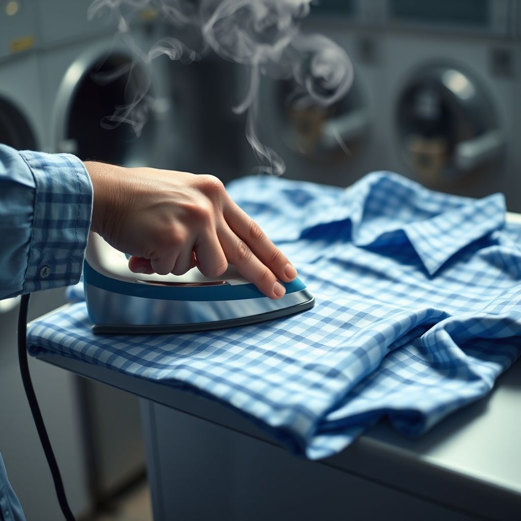 Une main saisit la poignée d'un fer à vapeur traditionnel, pressant avec soin une chemise à carreaux bleus parfaitement étalée, luisante sous la vapeur. L'environnement reflète une blanchisserie active, avec une lumière douce mettant en valeur le soin apporté. La personne porte un uniforme bleu clair, symbole de professionnalisme et de précision. La scène traduit un moment calme et appliqué, soulignant l'art de bien repasser les vêtements.