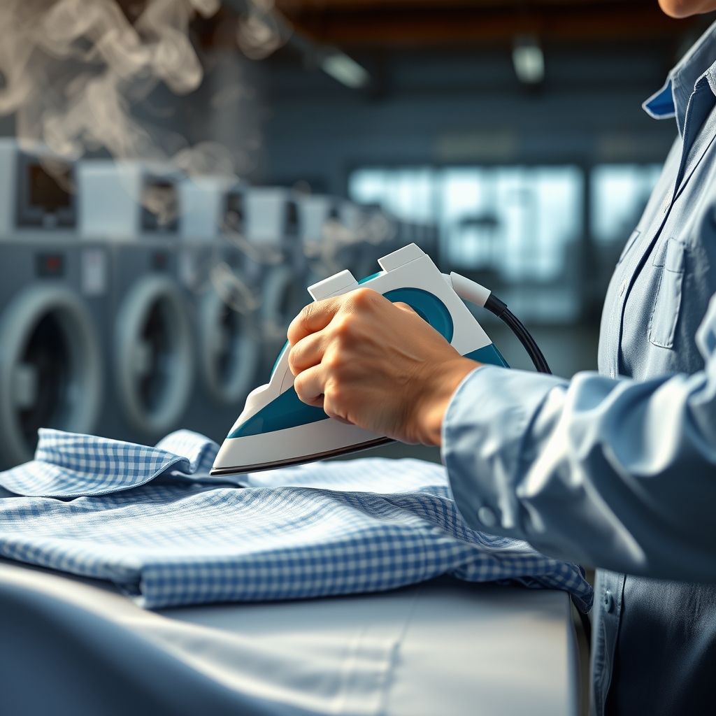 Une main saisit la poignée d'un fer à vapeur traditionnel, pressant avec assurance une chemise à carreaux bleus soigneusement étalée. Le tissu lisse brille sous la vapeur. En arrière-plan, un environnement de blanchisserie animé, avec un éclairage doux mettant en valeur le soin apporté. La personne est vêtue d'un uniforme bleu clair, suggérant un cadre professionnel, témoignant d'une attention méticuleuse. La scène dégage une atmosphère tranquille et concentrée, illustrant l'art du repassage parfait.