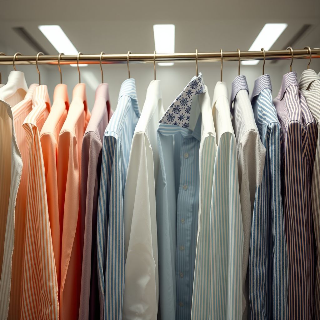 Une collection de chemises suspendues, présentant un éventail de couleurs douces, rayures et un col à motifs, dans un environnement de blanchisserie soigné. L’éclairage uniforme met en valeur la netteté des tissus, suggérant un cadre professionnel et organisé. Cette présentation illustre sophistication et praticité, idéale pour des occasions formelles.