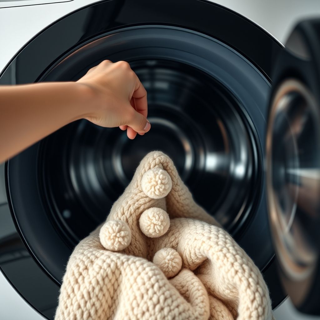 Une main retire délicatement une couverture texturée crème ornée de pompons d'une machine à laver moderne. La porte circulaire noire reflète l'intérieur métallique. L'espace bien éclairé suggère une buanderie propre et organisée, transmettant une sensation de confort domestique. Ce geste simple illustre l'équilibre entre fonctionnalité et soin, créant une ambiance chaleureuse dans les tâches ménagères.